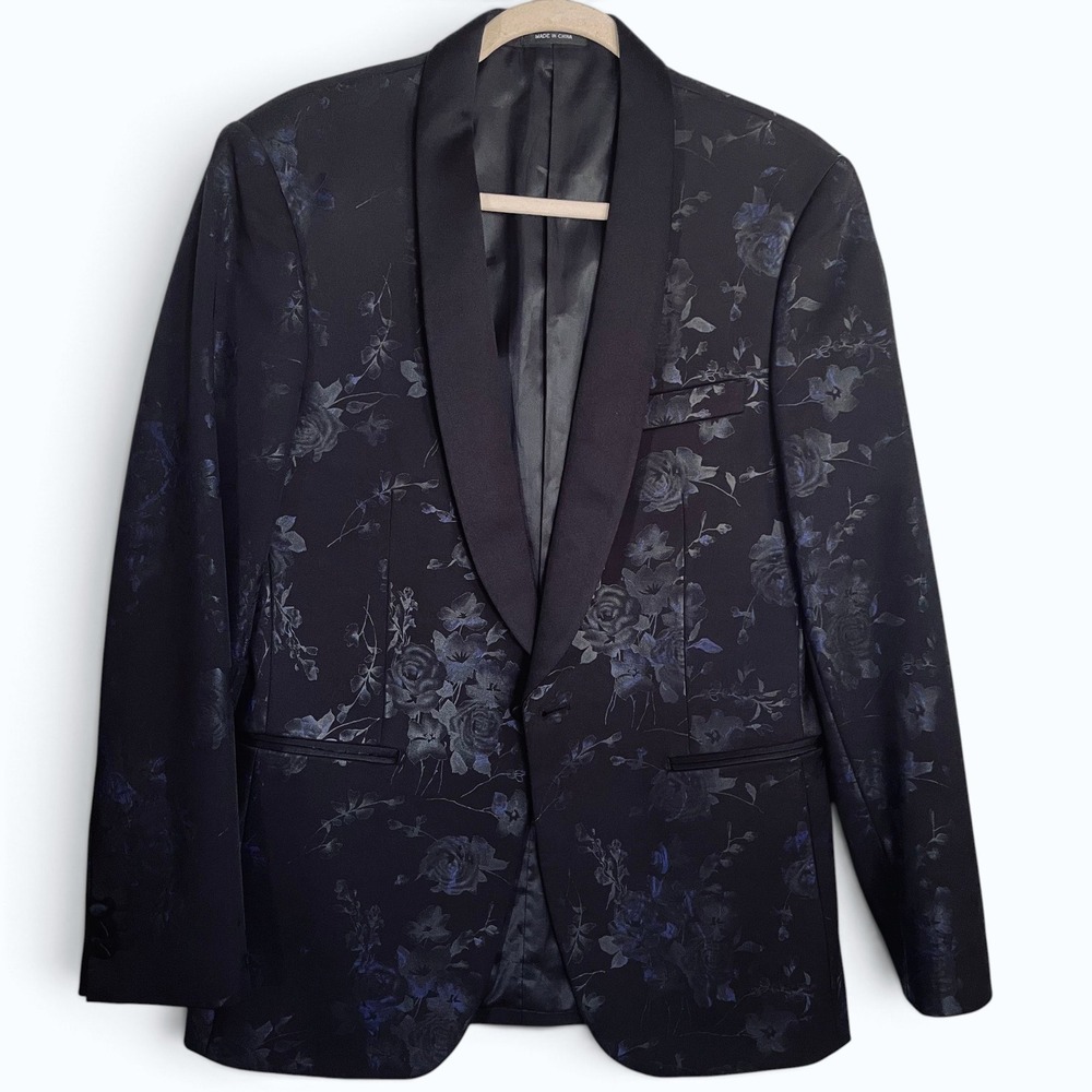 Egara Mens Slim Fit Floral Tuxedo Jacket Black Blue Shawl Lapel Blazer 38R HoCo